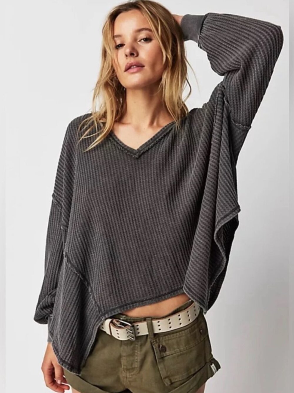 Free People Coraline Thermal Top Charcoal Waffle Knit Oversized Medium